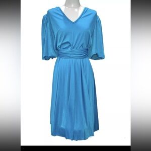 2 for $15 Vintage Womens M-L Blue Dress Puff Sleeve V-neck w/Belt Knee Length